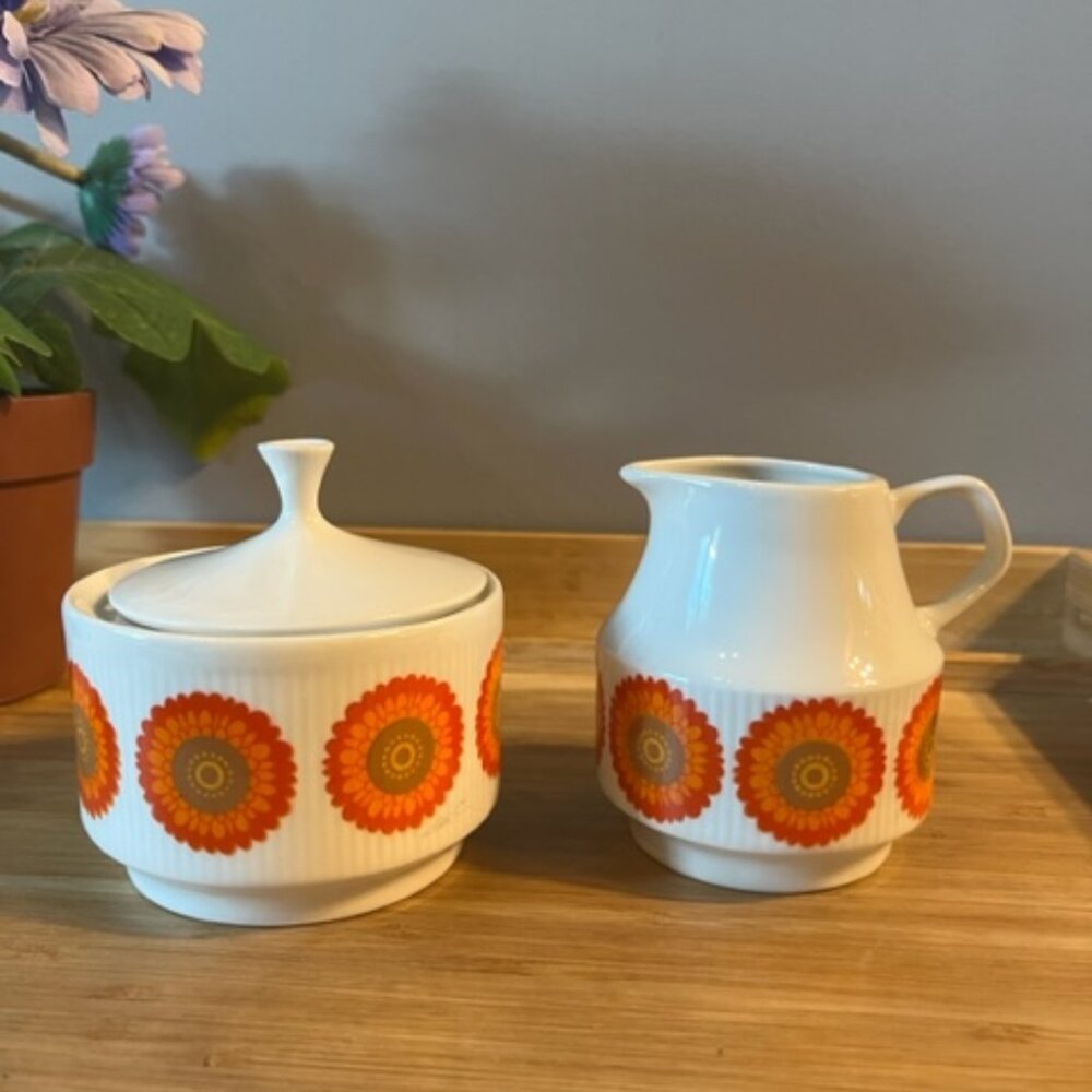 Vintage Chodziez Creamer Sugar bowl Orange flowers  retro flower power tableware